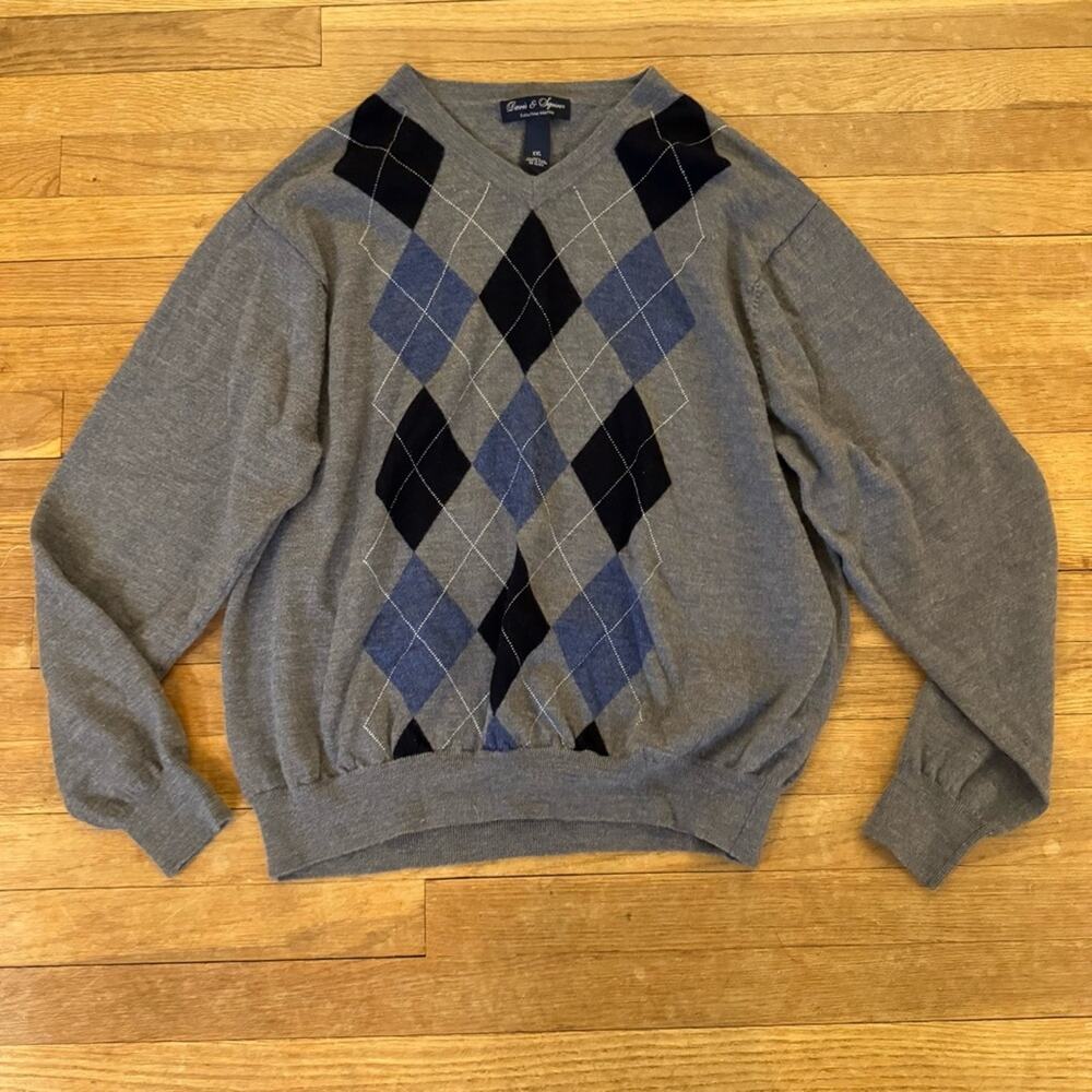 Davis & Squire 100% wool gray blue argyle pullover sweater size medium M
 b3